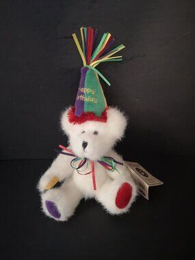 NWT Boyds Bears "Happy Birthday" Jointed Plush Bear White w/ Sparkles 7"